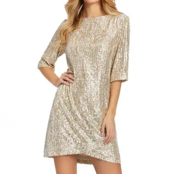 Ieena Mac Duggal Bateau Neckline Sequin Sheath Dress Gold Sparkle Size 2 - Picture 4 of 11